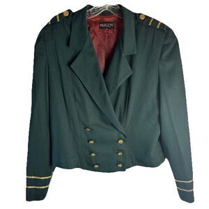 Vintage Y2K Margo's Crop Army Green Gold Trim Double Breast Military Jkt Sz 12